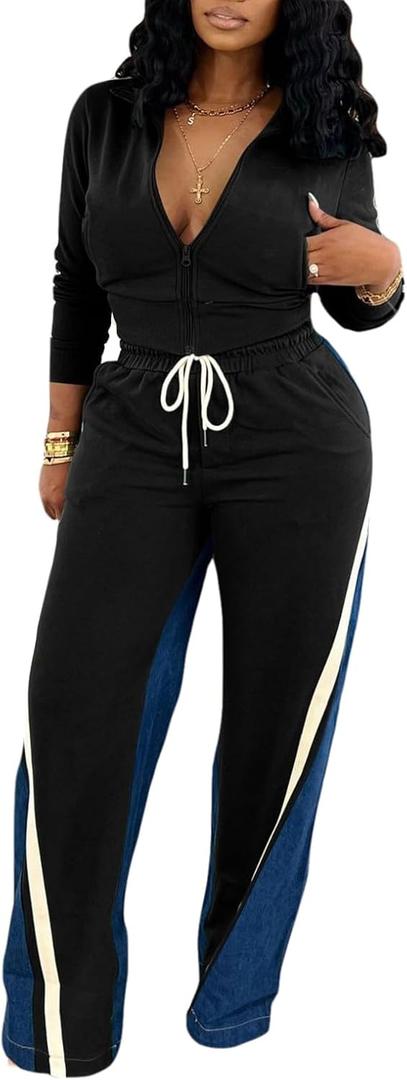 KANSOON 2 Piece Sets for Women Fall Tracksuit Outfits Long Sleeve Striped Zip Up Jacket Denim Patchwork Pants Lounge Set (X-Large, Black)