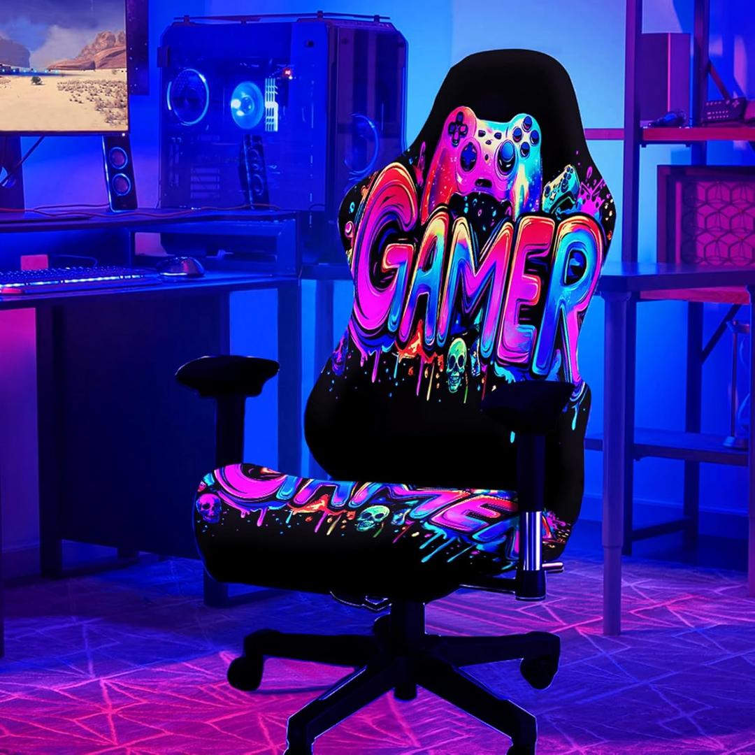 Blacklight Gaming Chair Cover  UV Reactive Esports Chair Protector with Neon Gamer Skull Design, Stretchable Washable Slipcover for Office & Gaming Chairs