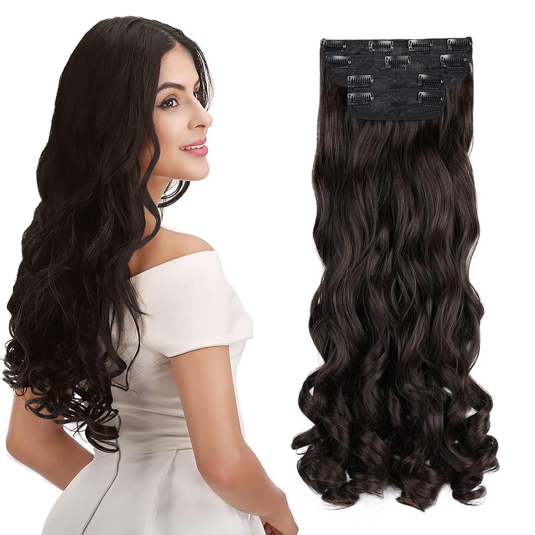 REECHO 24" Curly Wavy 4 Pieces Set Thick Clip in on Hair Extensions Black Brown