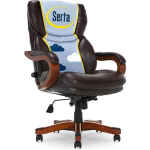 Serta Conway Big & Tall Executive Office Chair, Ergonomic High-Back with Adjustable Lumbar, Semi Plush Cushion and Body Pillows, Padded Armrests, Wooden Swivel Base, Bonded Leather, Brown