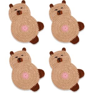 Coasters for Drinks - 4 PCS Capybara Crochet Coasters Cute Coffee Coaster for Table Decor, Housewarming Capybara Gifts (Light Brown Capybara)