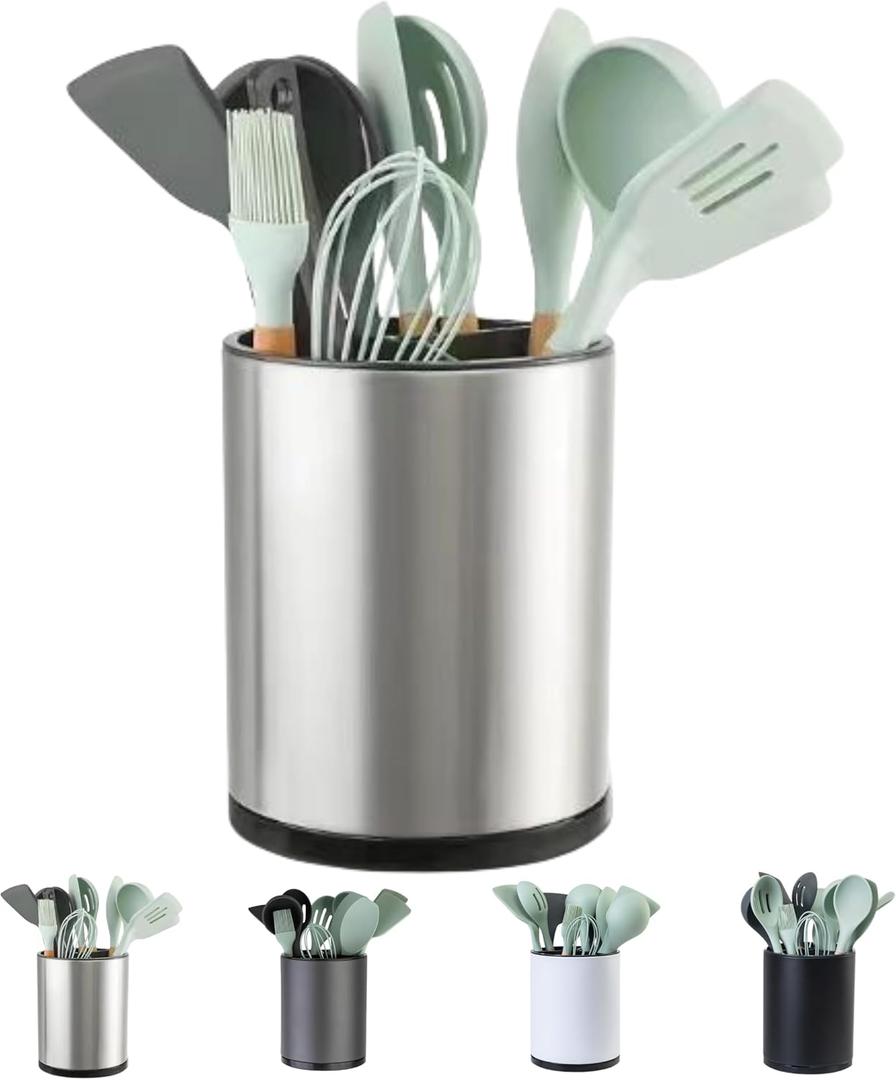 LIBODOUR Kitchen Utensil Holder Extra Large 360Rotating For Counter Organizer Stainless Steel Storage Cooking Silverware Caddy 3 Compartment Flatware Spoon Spatula Tool Cutlery ContainerSilvery
