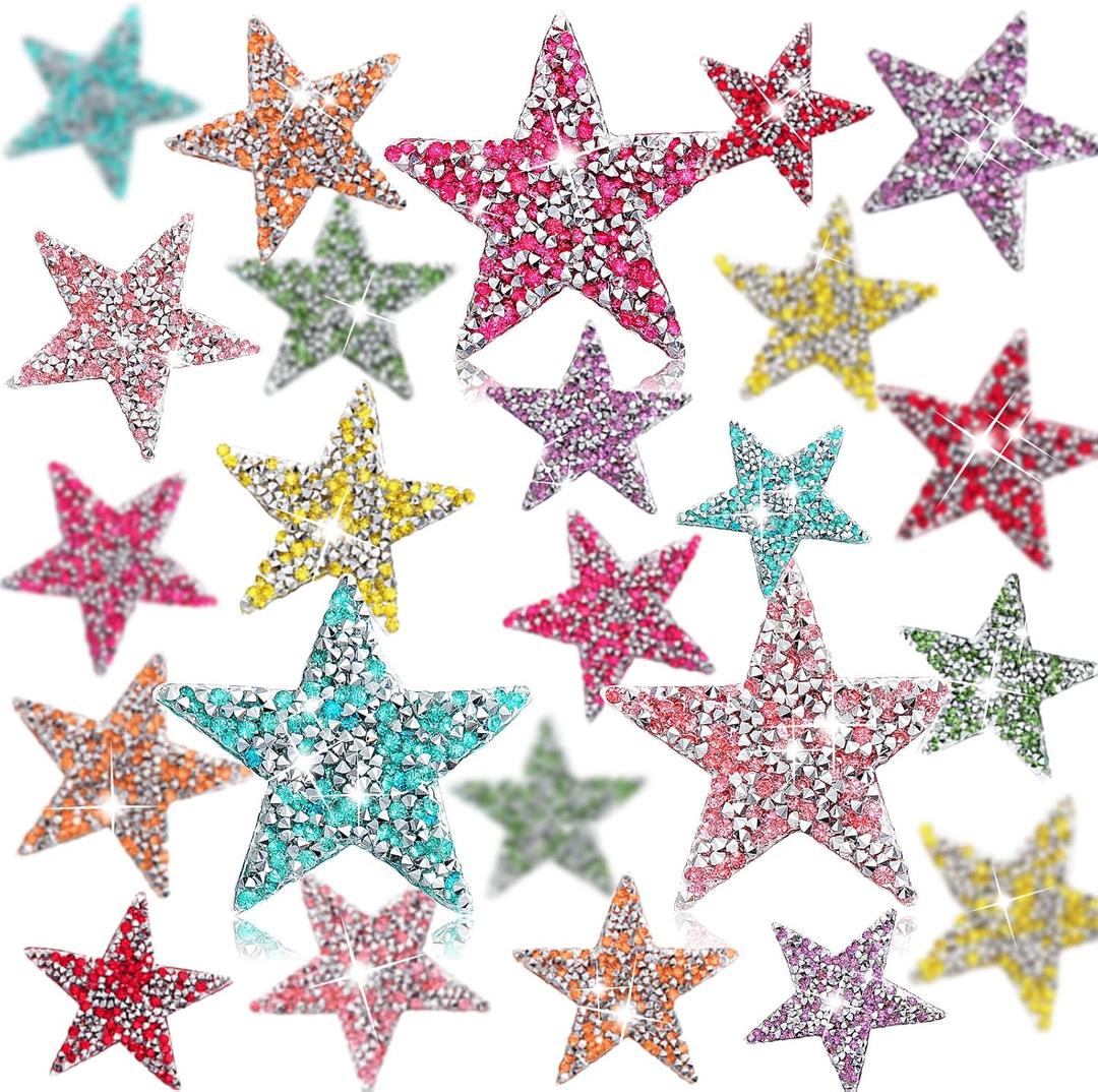 Syhood 24 Pcs Star Patches Iron on Rhinestone Adhesive Sequin Glitter Star Patches Appliques for Valentines Wedding Clothing Jeans Repair Decors(2.36 Inch,Mixed Color)