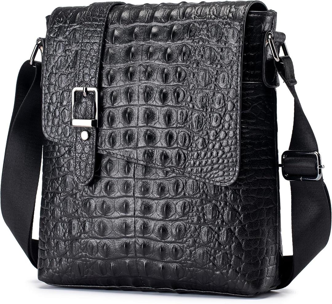 Genuine Leather Flap Mens Shoulder Bags Vintage Crocodile Embossed Messenger Bag for Men Crossbody Adjustable Shoulders Sling for Travel Work Business Handbag (2#-Black)