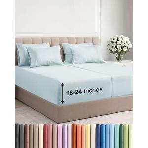 Extra Deep Split King Sheet Set - 7 Piece Breathable and Cooling Sheets - Hotel Luxury Bed Sheets Set - Easy Fit - Soft, Wrinkle Free and Comfy Sheets Set - Ice Blue Sheet Set with Extra Deep Pockets