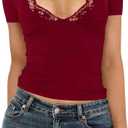 Women's Short Sleeve Sexy Lace V-Neck Summer Going Out 2025 Crop Tops Slim Fit Tees Trendy Y2k Clothing (XS)