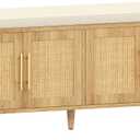 Akxomel Rattan Shoe Storage Bench with Cushion, 2-Tier Entryway Bench with Adjustable Shelves and 4 Doors, 15" D x 47.2" W x 20" H, Solid Wood Legs, for Hallway, Living Room, Bedroom, Natural Oak