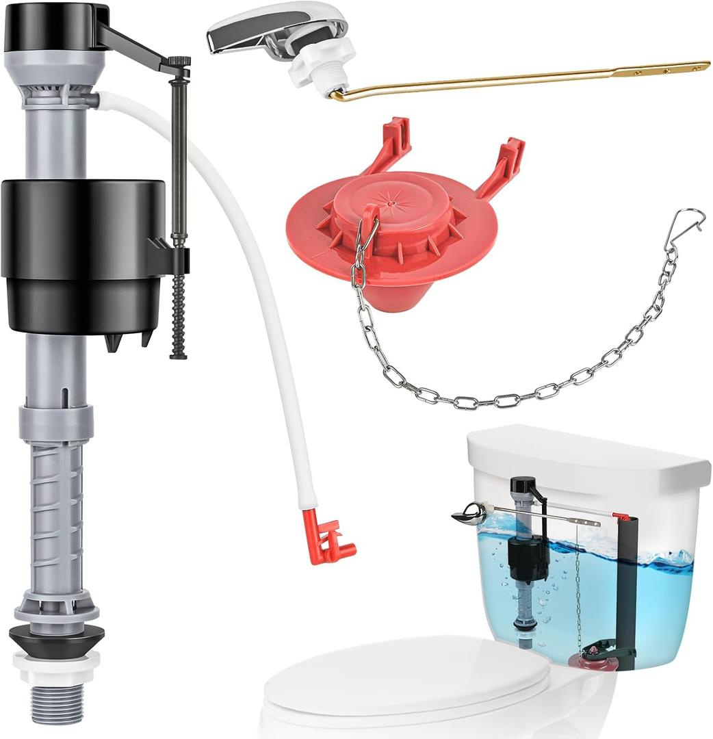 Universal Toilet Flusher Replacement Kit, Water-Saving & Height Adjustable Fill Valve, 2-Inch Flapper, Toilet Handle Lever, Quiet & Anti-Siphon Toilet Repair Kit Inside Tank (Red, 1-Pack), 2.6 x 2.6 x 9 inches