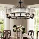 Farmhouse Crytal Chandeliers Dining Room Pendant Light Fixture Black Chandelier with K9 Crystal for Living Room Dining Room Foyer High Ceiling (31 inch)