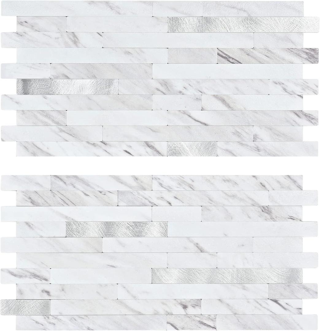 Midcard 20 Sheet Peel and Stick Backsplash, White Marble PVC Wall Tile for Kitchen Backsplash (White Marble With Metallic Silver)