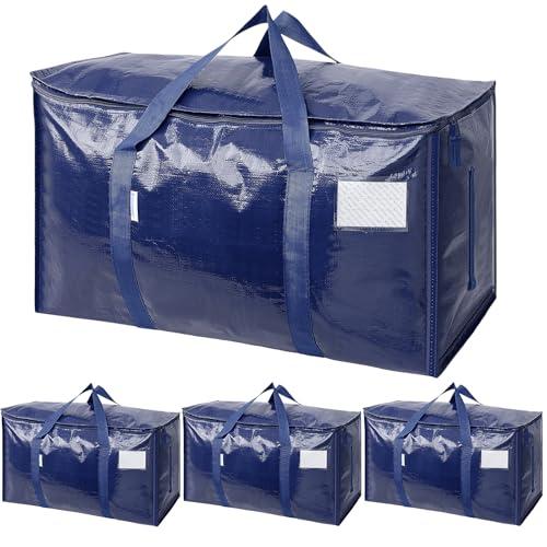 TICONN 4 Pack Extra Large Moving Bags Heavy Duty with Zippers & Carrying Handles, Durable Storage Bags Moving Boxes for Closet Organizers and Storage (4 Pack, Navy)