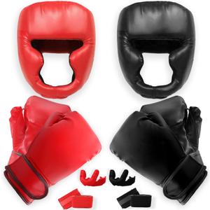 14 Pcs Boxing Set Boxing Equipment Set for Beginners Including 2 Pair of 6 oz Boxing Gloves Headgear Helmet Hand Wraps Mouth Guards Gifts for Kids Beginners Training Equipment (Black & Red)