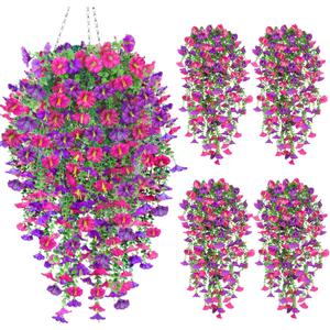 4PCS Artificial Fake Hanging Flowers Plants for Outdoor Spring Decor, UV Resistant Faux Morning Glory Eucalyptus Realistic Silk Petunias for Planter Porch Garden Balcony Yard Indoor (Purple Fuchsia)