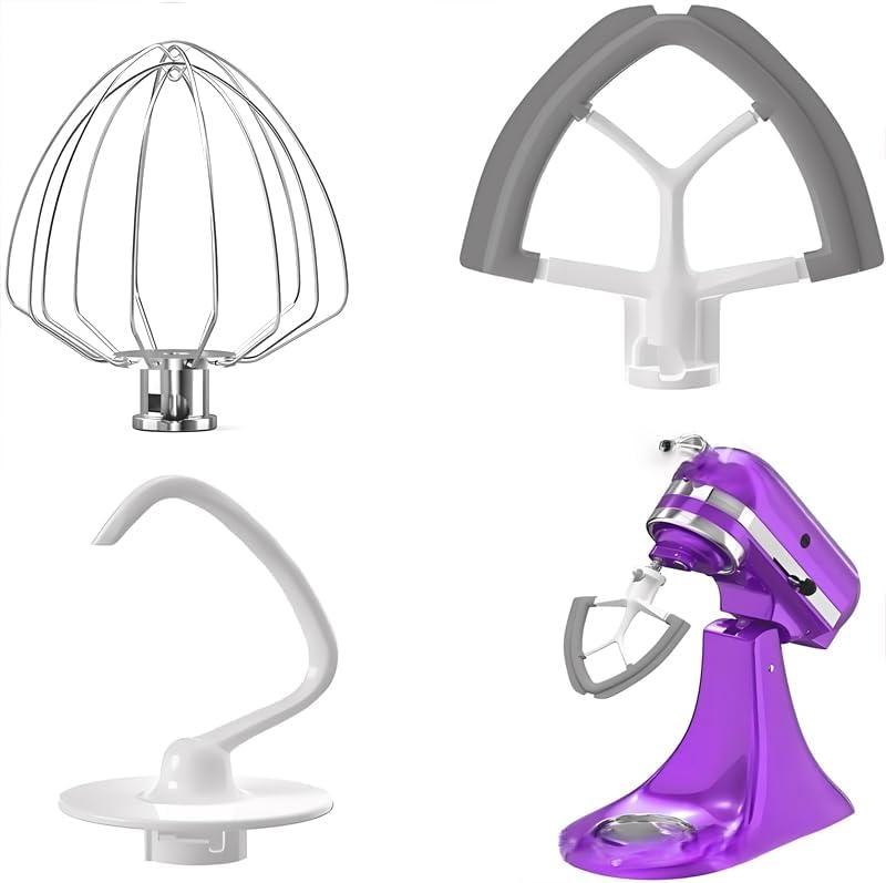 3Pcs Flex Edge Beater Dough Hook Wire Whip Kitchen Aid Mixer Attachments Set - Compatible with 4.5-5 Quart Tilt-Head Stand Mixers for Baking Whipping Kneading