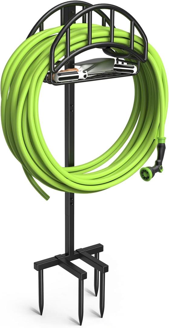 Garden Hose Holder - Upgraded Metal Reel With Tool Storage Basket, Heavy Duty Freestanding Water Hose Holder Holds 150ft, Detachable Storage Hanger for Outside