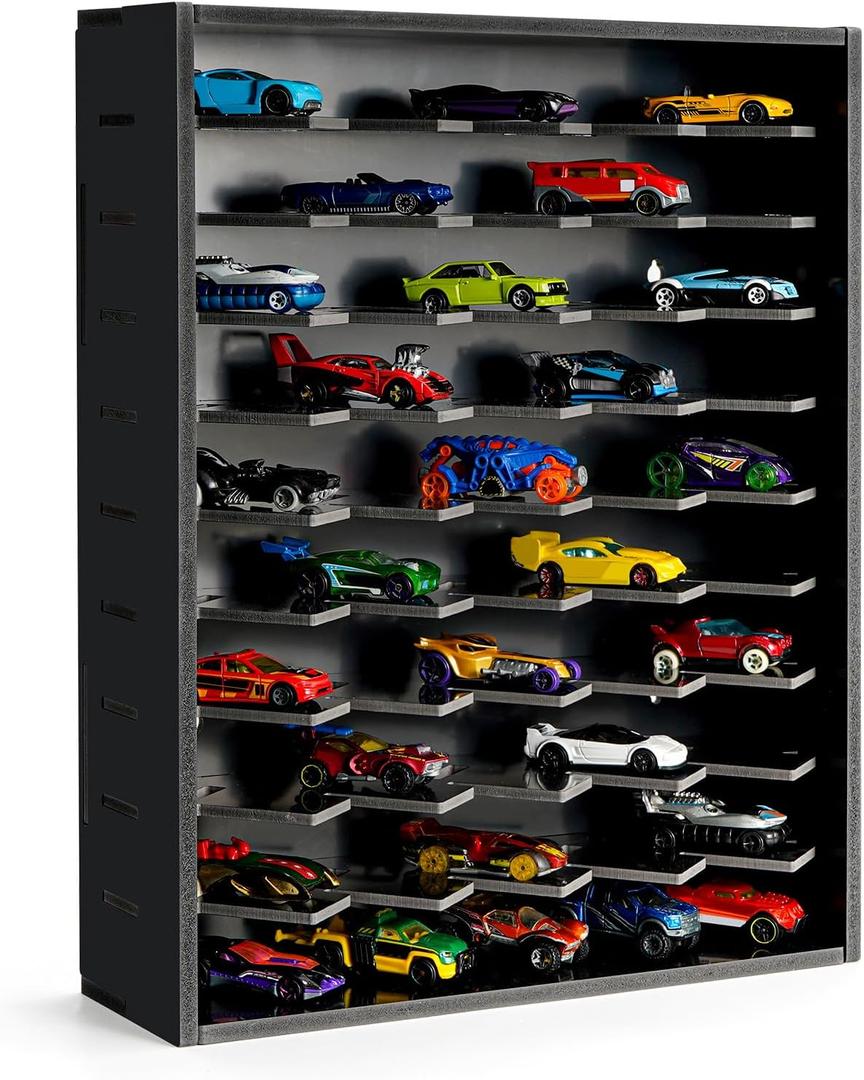 Toy Car Display Shelf, Holds 50 Diecast 1/64 Toy Cars, Wall Mount Model Car Storage Organize Case, Desktop Toy Cars Garage (Black)