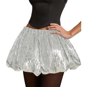 Women Sequin Sparkly Mini Skirt with Shorts Underneath for Concert Festival Rave Outfit Nye Costume (Silver, M)