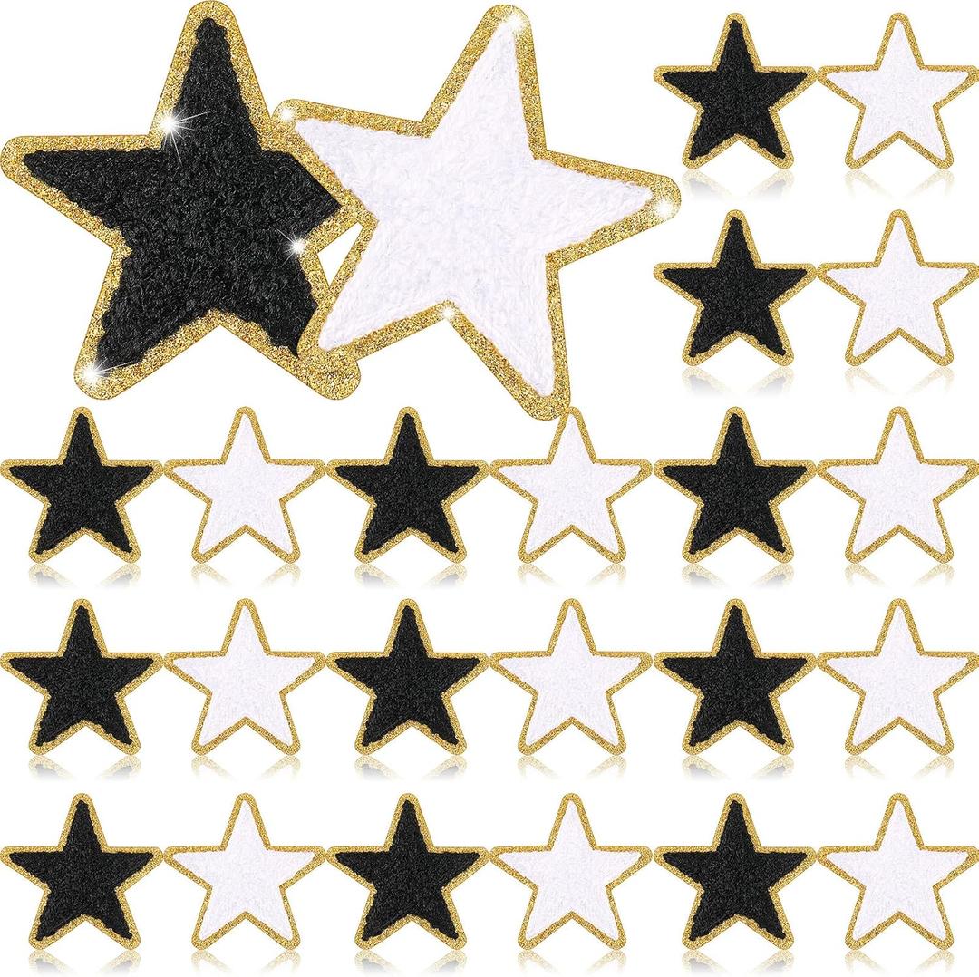 Jexine 32 Pieces Chenille Star Patches Black and White Self Adhesive Fabric Stickers Small Chenille Iron on Star Patches DIY Sewing Embroidered Appliques for Christmas Thanksgiving Clothes Hats Jeans