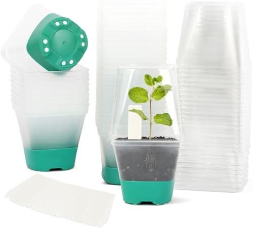 30 Packs Clear Nursery Pots with Plant Labels 3 Inch Plastic Plant Pot with Humidity Domes Silicone Base and Drainage Holes Reusable Seedling Pots