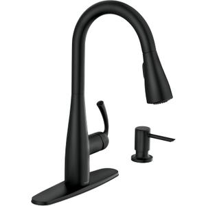Moen Essie Matte Black Single Handle Pull-Down Sprayer Kitchen Faucet with Soap Dispenser, Reflex and Power Clean Technology, 87014BL