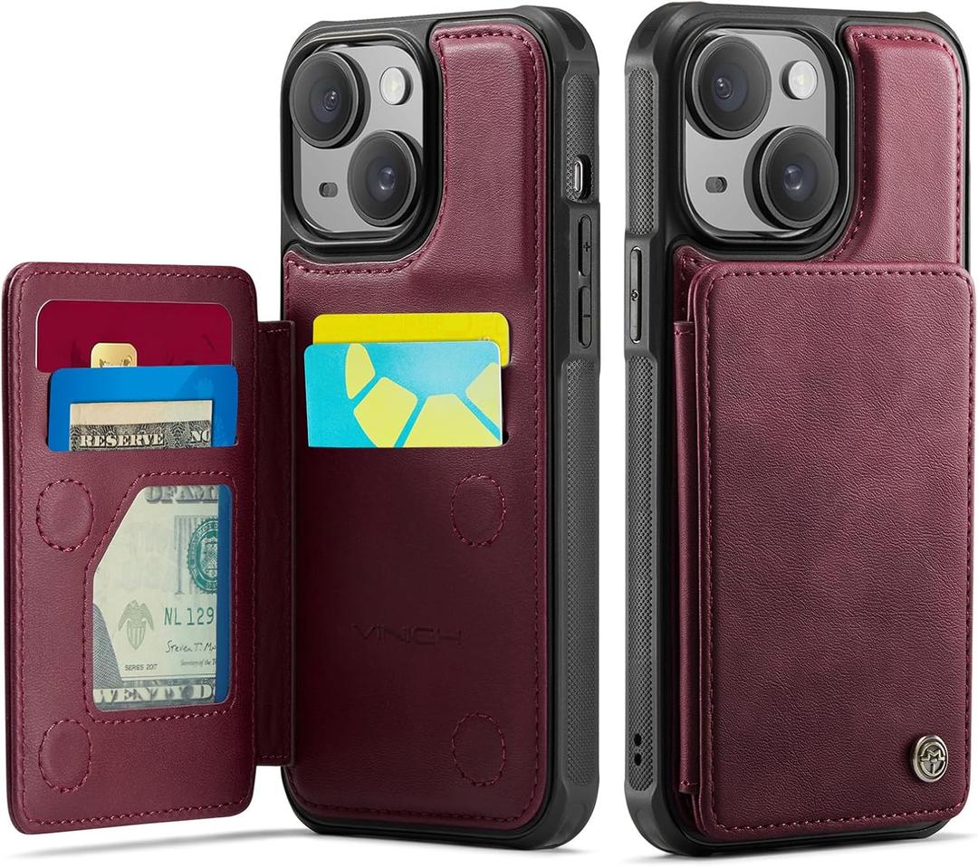 Vinich for iPhone 15 Wallet Case with Card Holder, RFID Blocking Credit Slots Kickstand Shockproof Phone Cover Fit for iPhone 15 6.1" Burgundy