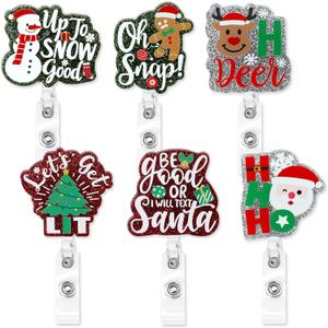 Xylolfsty 6PCS Funny Christmas Badge Reels Acrylic Retractable Nurse Badge Holder with Alligator Clip Glitter Reindeer Snowman Gingerbread Christmas Tree Cute Badge Reel for Nurse Student Teacher Gift