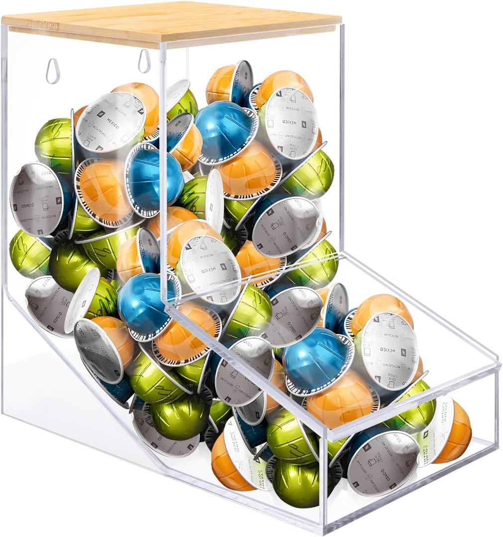 TCJJ Coffee Pod Holder With Bamboo Lid, Clear Acrylic Coffee Capsule Organizer For K Cup, 170 In Capacity, Can Be Placed On A Tabletop Or Mounted On A Wall, Compatible With Coffee Pod & Creamer