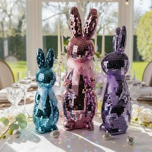 Lanpn 3PCS Mosaic Glass Bunny Easter Decorations, Decorative Disco Rabbit Sculptures for Easter Centerpieces, Spring Tabletop & Shelf Decor, Home Decoration Seasonal Gift (Pink, Purple, Blue)