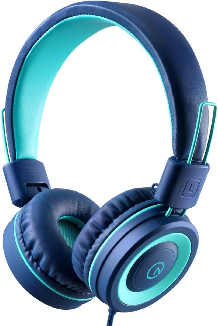 Kids Headphones - noot products K11 Foldable Stereo Tangle-Free 3.5mm Jack Wired Cord On-Ear Headset for Children/Teens/Boys/Girls/Smartphones/School/Kindle/Airplane Travel/Plane/Tablet (Navy/Teal) (4 x 5 x 2 in)