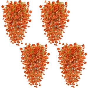 4 Pcs Hanging Fall Flowers Artificial for Thanksgiving Decorations Faux Flowers Plants for Outdoors, Silk Morning Glory with Eucalyptus Look Real UV Resistant for Home Yard Porch Outdoor(Orange)
