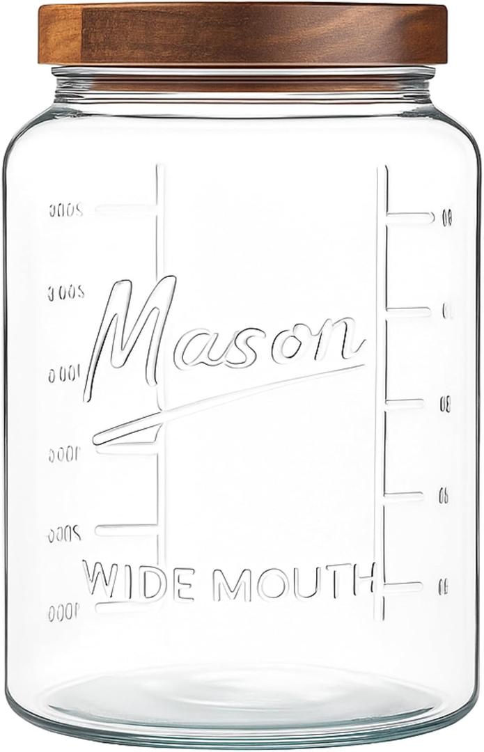 Extra Large Mason Jar  1 Gallon Glass Wide Mouth Jar with Airtight Wooden Lid, Food Storage Container with Measurement Markings For Kitchen Pantry, Pickling, Cookies, Flour & Sugar