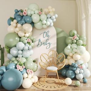 Dusty Blue Sage Green Balloon Arch Kit, 124Pcs Dusty Light Macaron Blue Sage Green and Sand White Pastel Balloons Garland Arch Kit for Birthday Baby Shower Wedding Boho Bridal Shower Party Decorations