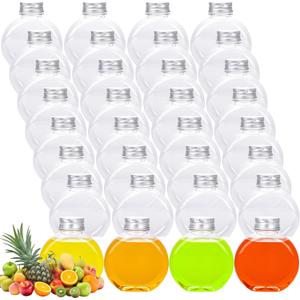 32 Pack Plastic Juice Bottles with Silver Aluminum Cap Clear Mini Plastic Flask Bulk 10 oz Leak Proof Juice Container Round Flat Beverage Container for Milk Coffee Picnic Christmas Birthday Party