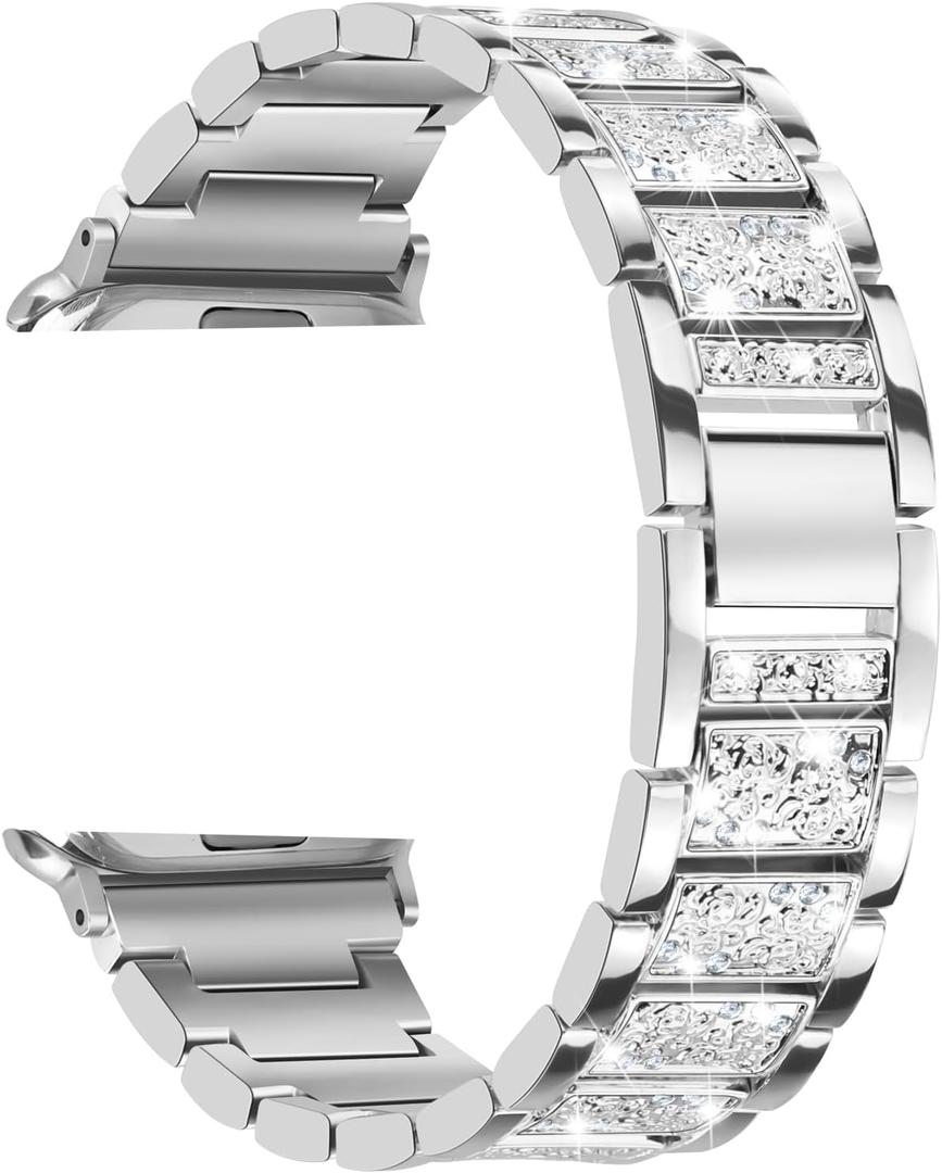 Bling Diamond Metal Band Compatible with Apple Watch Band for Women 42mm 44mm 45mm 46mm 49mm, Dressy Pattern Replacement Bracelet for iWatch Ultra SE Series 11 10 9 8 7 6 5 4 3 (Silver)