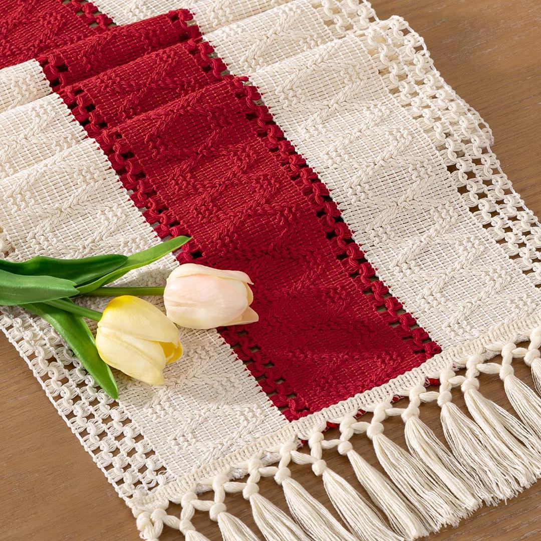Socomi Boho Table Runner Macrame Long Valentine's Day Farmhouse Woven Cotton Linen Rustic Coffee Table Runner with Tassels for Dresser Scarf Home Decor Dining Room 12x108 in Red Ivory