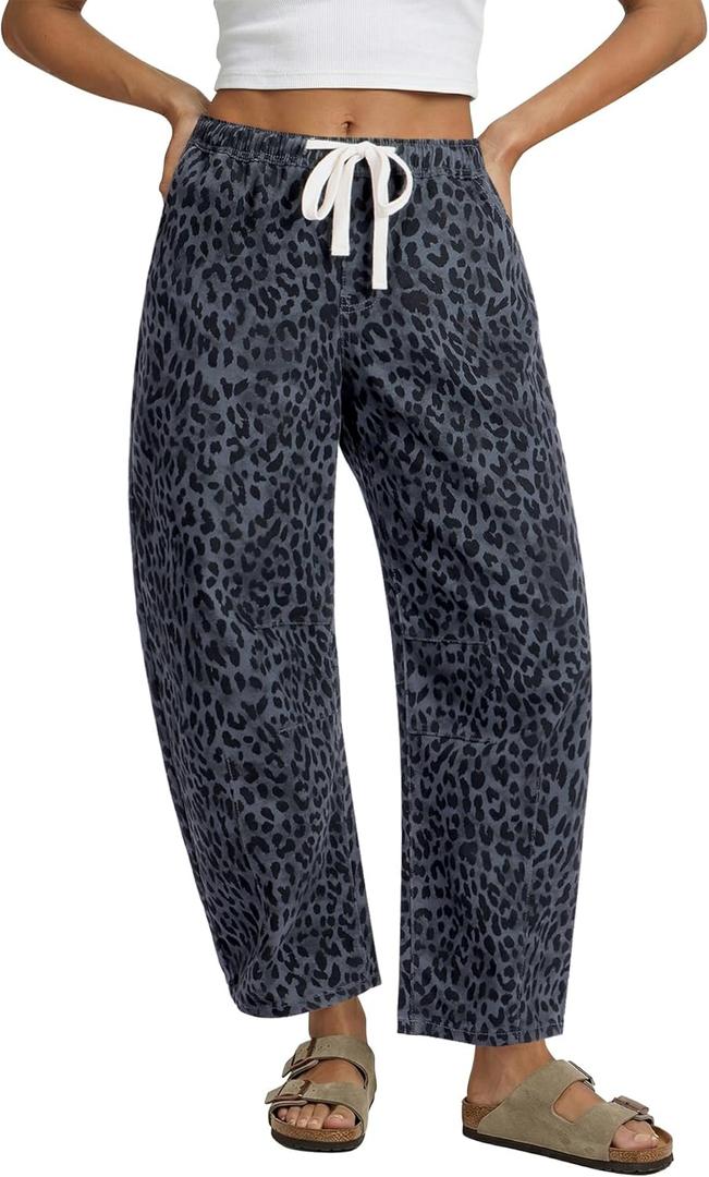GRAPENT Barrel Jeans for Women Trendy High Waisted Pull On Wide Leg Cropped Leopard Cheetah Print Stretchy Denim Pants (XX-Large)