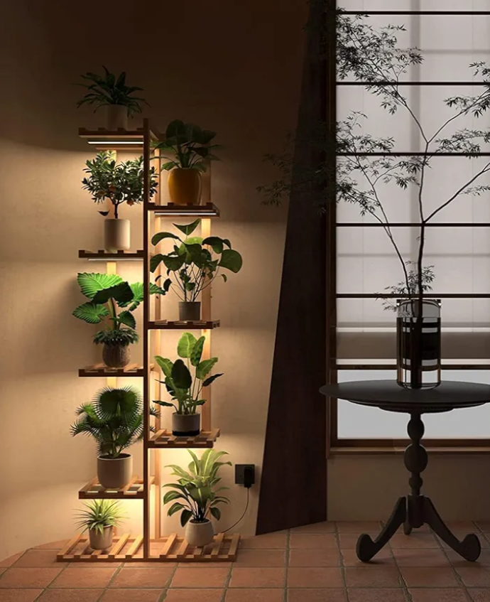 Solatmos Bamboo Plant Stand With Grow Lights Indoor Plants Outdoor Corner Plant Shelf Flower Stands for Living Room Patio Garden Corner Balcony (Wood, 8 Tier)