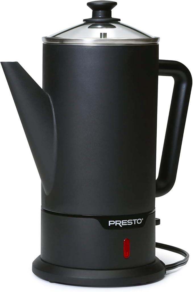 Presto 02815 12Cup Cordless Coffee Percolator  Stainless Steel, Modern Design, Easy Pour Spout, StayCool Handle, MatteBlack