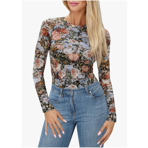 Floral Mesh Top for Women Crew Neck Long Sleeve See Through Tee Shirts Fitted Sexy Going Out Tops size 73