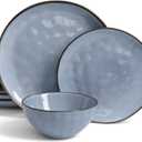 Famiware Dinnerware Sets for 4, Ocean Round 12-Piece Kitchen Plates and Bowls Sets, Reactive Glaze, Microwave and Dishwasher Safe, Scratch Resistant, Blue (Set(12pcs))