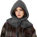 Balaclava Hat for Women, Warm Ear Neck Hooded Scarf Hat with Drawstring, Fashionable Knit Skull Cap Cold Weather (Grey)
