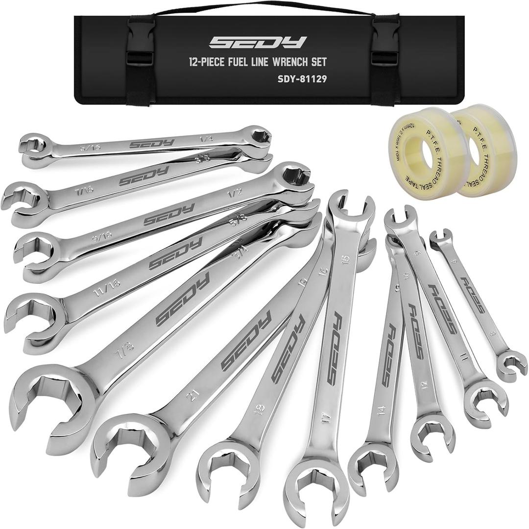 14-Piece Flare Nut Wrench Set with PTFE Tape, Metric & SAE Brake Line Wrench Offset 1/4"-7/8"& 9-21mm Set Double Open End with Organizer Pouch for Repairing and Removing Nuts 14-Piece Flare Nut Wrench Set with PTFE Tape, Metric & SAE Brake Line Wrench Offset 1/4"-7/8"& 9-21mm Set Double Open End with Organizer Pouch for Repairing and Removing Nuts