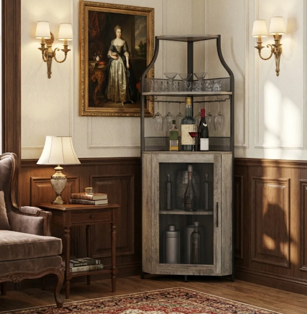Garvee Corner Wine Bar Rack Cabinet with Detachable Wine Rack, Bar Cabinet with Glass Holder and Mesh Door, Liquor Coffe Bar Cabinet with Adjustable Shelves, ‎Grey