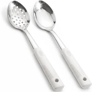 Stainless Steel Serving Spoon Set with Non-Slip Silicone Handles, 2-Piece Serving Spoon and Perforated Spoon, Home Kitchen, Parties & Daily Use (Beige)