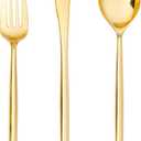 SUT 150PCS Gold Plastic Silverware, Plastic Utensils,Gold Silverware Disposable,Disposable Utensils Heavy Duty,Plastic Cutlery Set,Includes:50 Knives, Forks and Spoons for Party, Birthday,Wedding