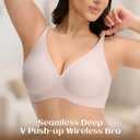 Womens Wireless Jelly Bras Deep V Bralette Seamless Push Up Tshirt Bra (Pink, L)