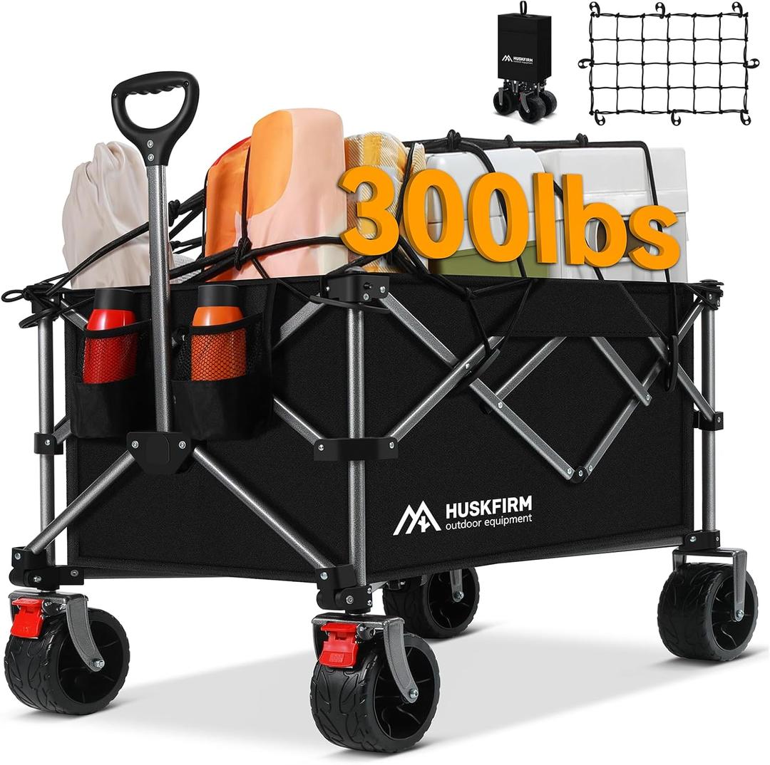 280L Collapsible Wagon Cart with Big Wheels, Heavy Duty Wagons Carts Foldable All Terrain Wagon Folding Beach Wagon for Sand, Camping, Sports, Outdoor Activities-Extra Cargo Net (Black)