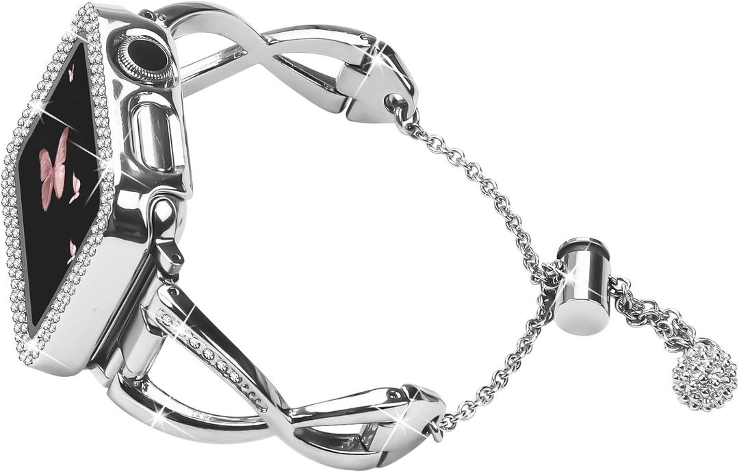 For Apple Watch 38MM 40MM 41MM 42MM 44MM 45MM 46MM, Metal Bracelet Fancy Replacement Charm Bands With Protective Case For Women (Silver)