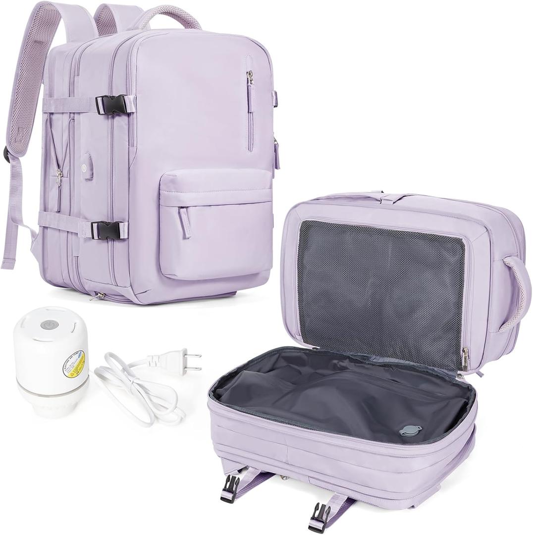 Large Travel Vacuum Backpack with Electric Air Pump, Carry on Backpack Flight Approved Item Bag,Casual Daypacks Cabin Bagage, Expandable Hiking Business Laptop Backpack with USB Charger, Purple