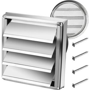 Funmit 6'' Metal Dryer Vent Cover, 7"x7" Outside Dimensions with Metal Mesh Screen, Outdoor Stainless Steel Louvered Vent Cover Includes 4 Screw for Easy Installation